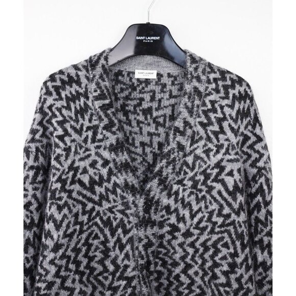 NWT Saint Laurent Geometric-jacquard Wool-blend Cardigan In Grey Size S - Picture 4 of 11